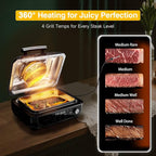 Indoor Grill and Air Fryer Combo with Ceramic Accessories, 7-IN-1 Digital Display, 5.2 QT Electric Smokeless, 500°F Max, Large View Window, Roast, Bake & Dehydrate, Adjustable Temps, Easy Clean