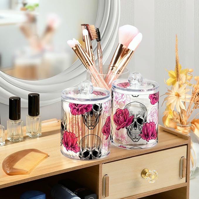 2 Pack Qtip Holder Dispenser Skull Rose Flower Bathroom Storage Canister Lid Acrylic Plastic Apothecary Jar Set Vanity Makeup Organizer for Cotton Swab/Ball/Round Pads, Floss