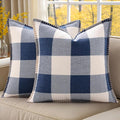decorUhome Buffalo Plaid Check Throw Pillow Covers 16x16 Set of 2, Outdoor Decorative Farmhouse Neutral Pillow Covers with Stitched Edge for Bed Couch Sofa, Navy Blue and White