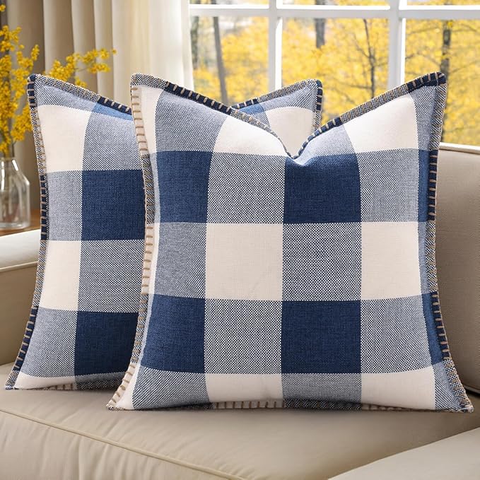 decorUhome Buffalo Plaid Check Throw Pillow Covers 16x16 Set of 2, Outdoor Decorative Farmhouse Neutral Pillow Covers with Stitched Edge for Bed Couch Sofa, Navy Blue and White