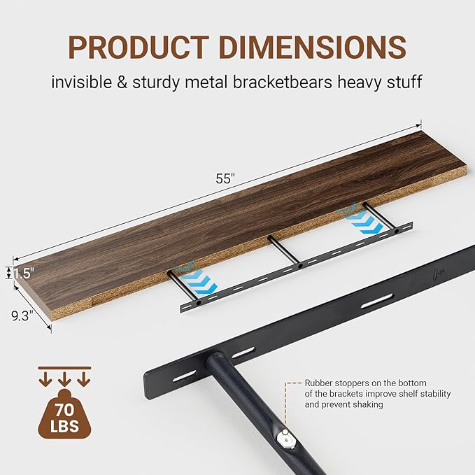Heimlove 55 Inch Long Floating Shelves for Wall,9.3" Deep Walnut Floating Shelves Set of 2,Large Display Shelf & Storage Shelf,Wall Shelves for Bedroom Living Room Kitchen Office,Wall Mounted Shelf