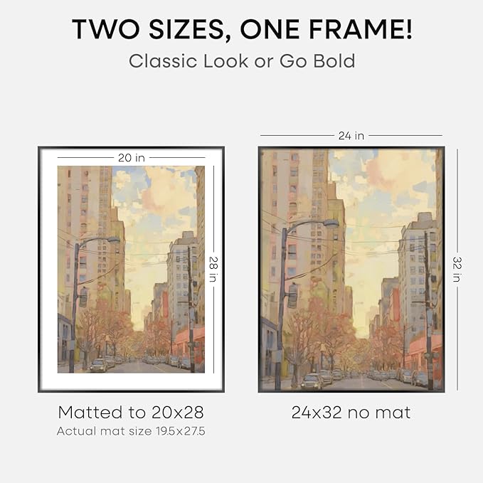 Homeforia 24x32 Poster Frame Black, High End Metal 24 x 32 Large Picture Frames with Mat 20 x 28 for Photo, 24x32 Thin Frame Matted to 20x28 inch Print, 32x24 Frame, Tempered Glass, Wall Kit, Set of 1