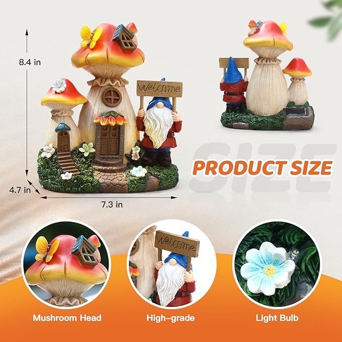 Solar Garden Statue Lights Mushroom Fairy House Figurine, Outdoor Memorial Garden Ornaments Waterproof Decoration for Outside Patio Yard Lawn Decor