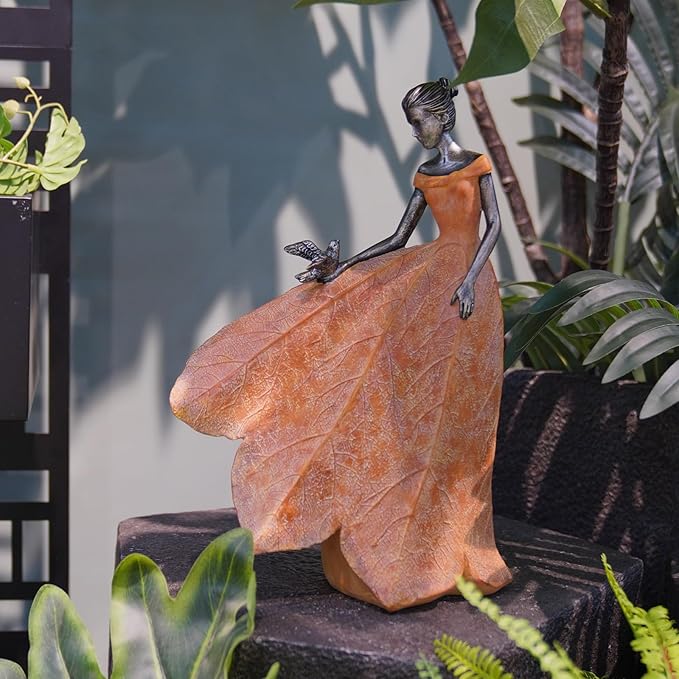 Guichifun Fairy Statue Collection Home Decoration - Orange Leaf Angel Girls Resin Fall Decor for Outside or Inside Rustic Garden Outdoor Yard Decorations Figurines Gift 8.5 x 5.25 x 12 Inch