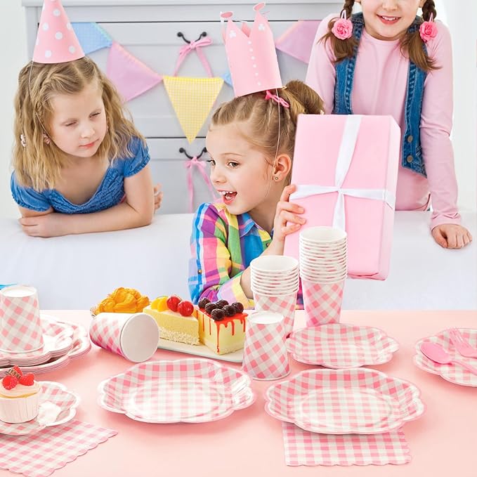 175 Pcs Pink Gingham Plates and Napkins Party Supplies - Pink and White Checkered Plates Sets Serve 25 Guests - Scalloped Gingham Paper Plate for Birthday Wedding Picnic Party Decorations