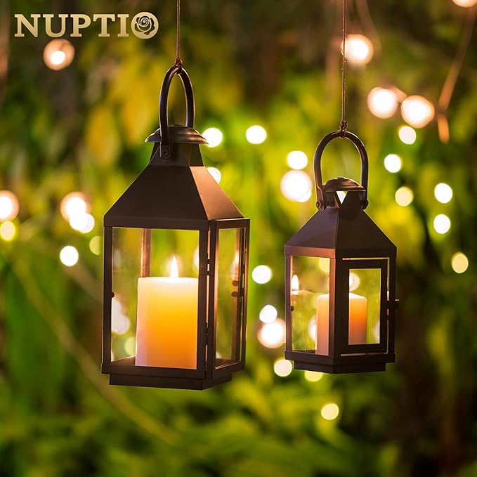 NUPTIO Black Decorative Candle Lantern: Metal Pillar Candle Holders for Table Centerpiece - 10.2in Tall Hanging Lanterns for Outdoor Wedding Party Home Living Room Fireplace Decor
