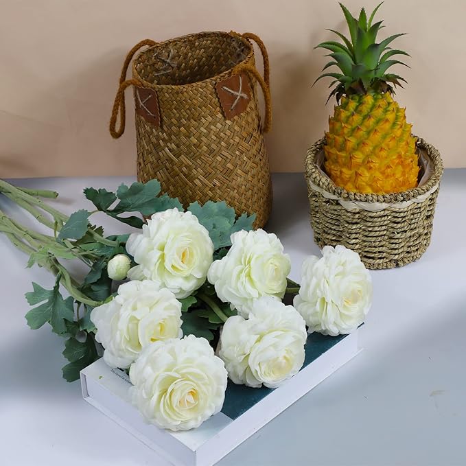 Artificial Ranunculus Long Stem Buttercup Silk Flowers 6pcs for Home Decor and Wedding Decorations(White 1)