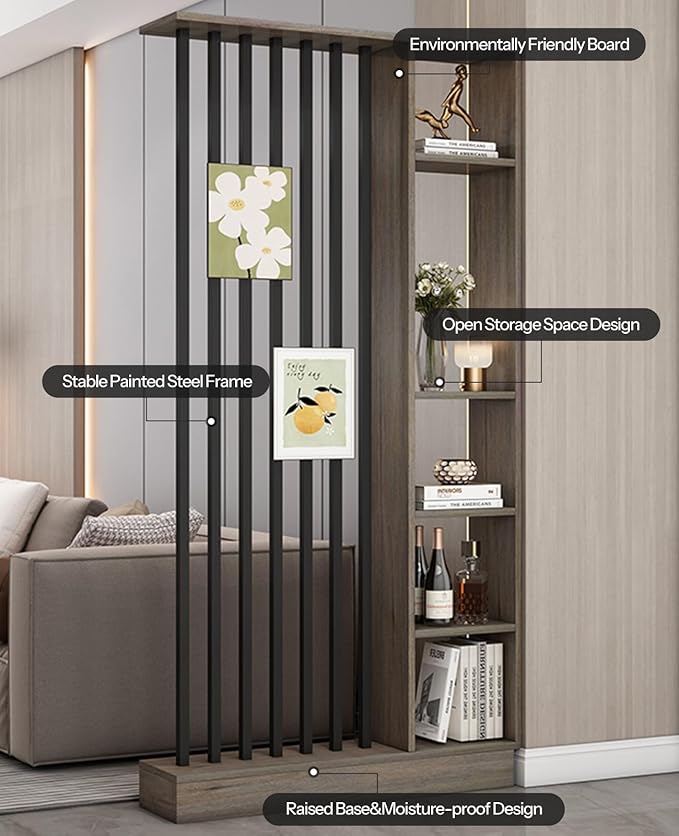 Wall Room Divider, Storage Cabinet Storage Display with Shelves, Modern Freestanding Wood Room Divider Screen, Wall Privacy Screens for Home Decorative (Grey Oak+Black,39.5" L x 9.5" W x 79.5" H)