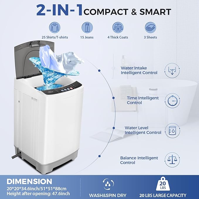 20Lbs Portable Washing Machine Nictemaw Portable Washer, 2.8 Cu.ft Washer and Dryer Combo with Drain Pump, 10 Programs 8 Water Level Compact Laundry Washer for Home, Apartment, RV, Dorms