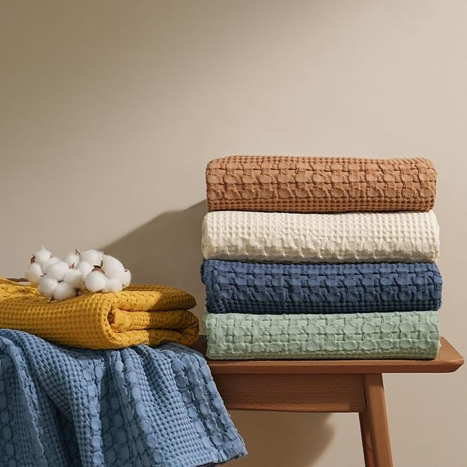 PHF 100% Cotton Waffle Weave Blanket Twin Size, Soft Lightweight Breathable Cozy Summer Blankets for Bed, Luxury Aesthetic Woven Bedding for Home Decor, 66"x90", Undyed
