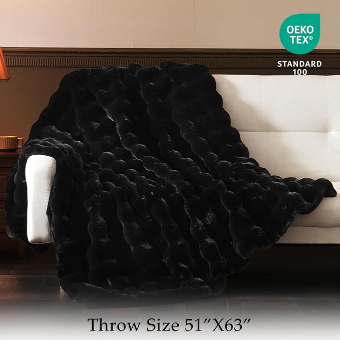 BENVWE Faux Fur Throw Blanket for Couch - Thickened Fluffy Soft Bubble Blanket for Living Room Home Decor - Fathers Day Birthday Gifts for Women Men, Black, 50" x 60",1300GSM