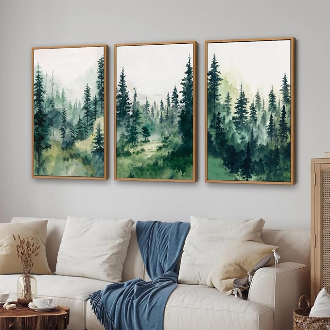 Tinonedraw Misty Forest Framed Canvas Wall Art Set, Modern Pine Trees Wall Painting, Watercolor Nature Foggy Landscape Wall Decor, Neutral Mountain ArtWork for Bedroom Living Room and Office 24"x36"x3
