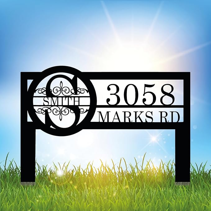 Personalized Metal Yard Address Sign with Last Name and Monogram, House Number Sign for Lawn and Patio