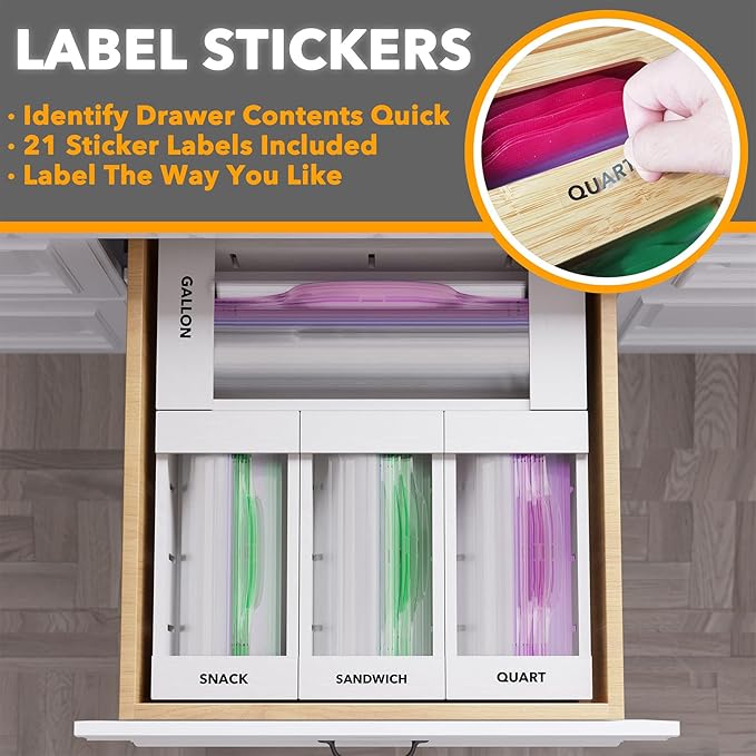 SpaceAid Bag Storage Organizer for Kitchen Drawer, Bamboo Organizer, Compatible with Gallon, Quart, Sandwich and Snack Variety Size Bag (4 Pack), White