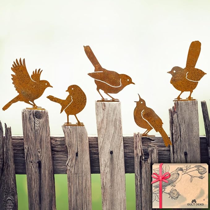 5PCS Rusty Birds Decoration,Outdoor Bird Wall Decor,Metal Birds Yard Decor, Metal Birds Craft Statue Ornaments - Garden Sculptures and Yard Art, Fence Decorations Outdoor,Rustic Garden Decor