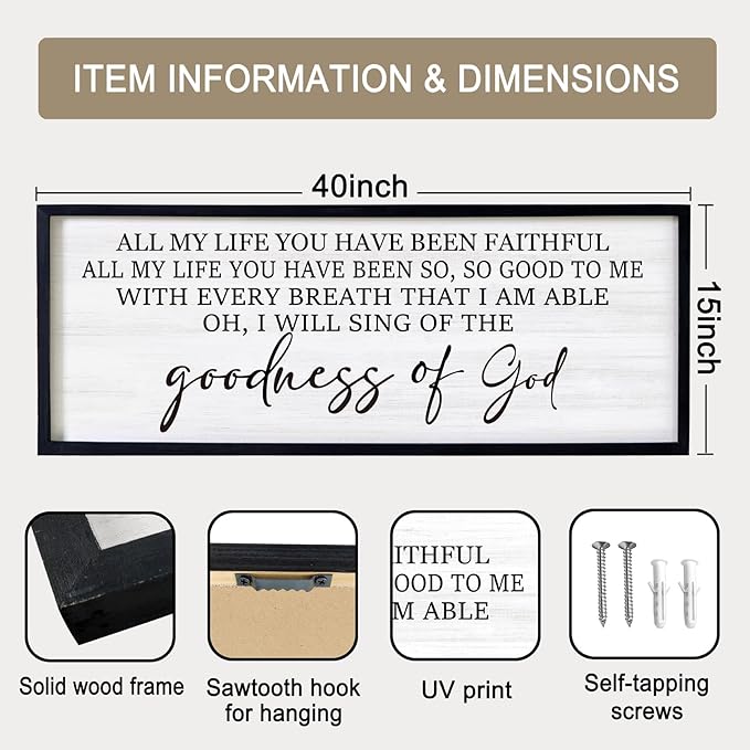 Goodness of God Framed Wall Art, 40''×15'' Positive Religious Black Bible Verse for Christian God Jesus Christ Prayer, Vintage Rustic Long Holy Catholic Scripture Decor