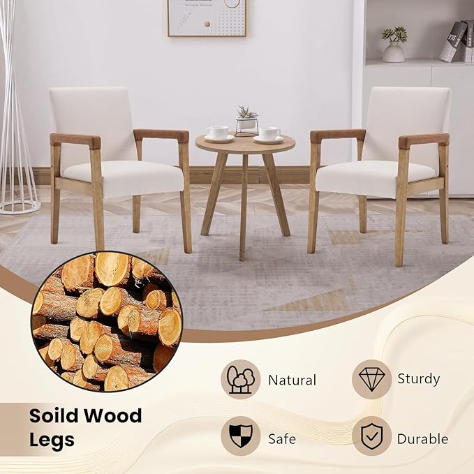 Kmax Modern Dining Chairs Set of 4 Linen Fabric Kitchen Arm Chairs Upholstered Accent Chairs with Wooden Legs for Dining Room, Living Room, Bedroom, White