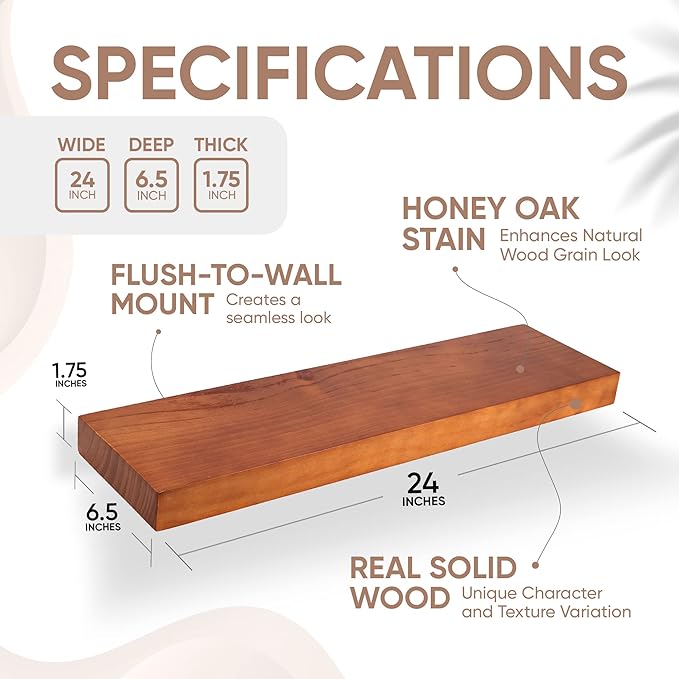 Homeforia 24inch Oak Floating Shelf for Wall, High End Solid Real Wood 24 inches Long Floating Shelves for Bathroom, Honey Oak Wooden Floating Shelves, Heavy Duty Bracket, 24 X 6.5 X 1.75 in, Set of 4
