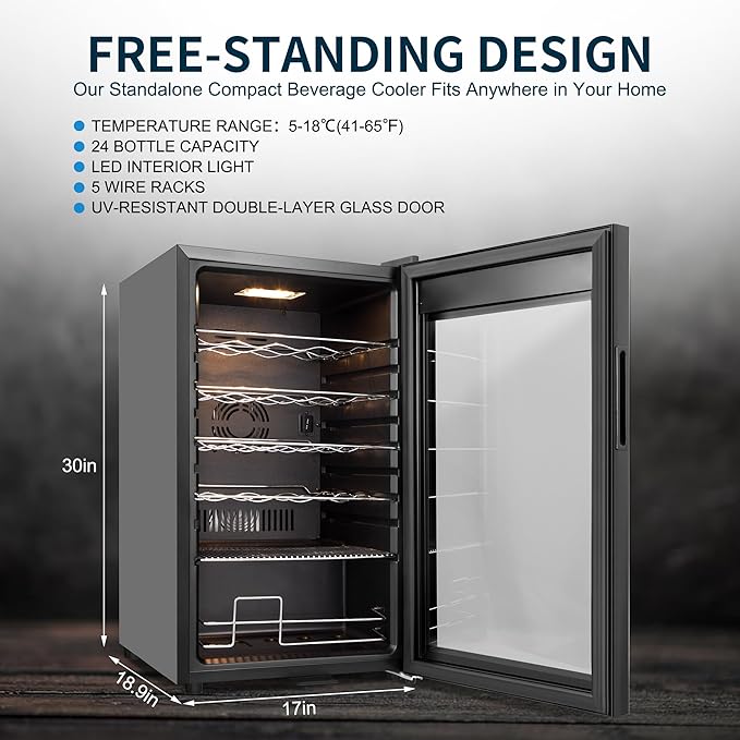 24 Bottles Wine Cooler Refrigerator, Small Wine Fridge Mini Wine Fridge Countertop with Glass Door Wine Cellars for Red Wine, Champagne, Dry White Wine, Sparkling Wines