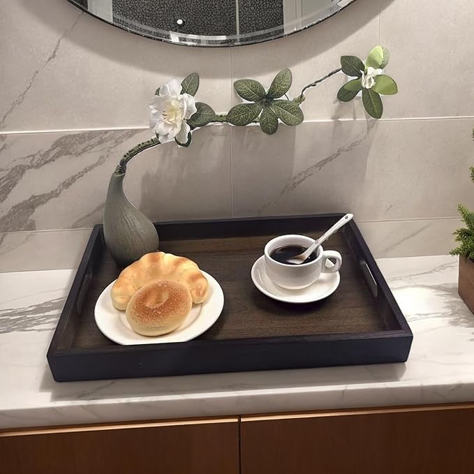Large Bamboo Wooden Tray with Handles, Rectangular Natural Solid Wood, Black Walnut Color Serving Tray Suitable for Kitchen,Bedroom,Coffee, Party Bars. (14.9x10.2x1.57 inches)