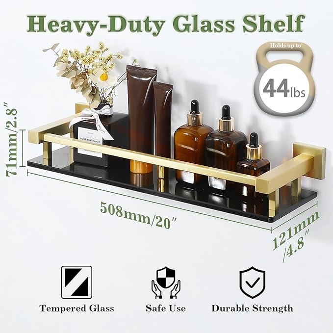 Alise Bathroom Glass Shelf with Stainless Steel Railing, Gold Small Tempered Glass Floating Wall Shelf Over The Toilet, 16 inch