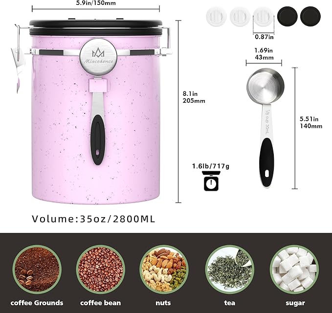 35OZ Coffee Canister for ground coffee with Date Tracker,pink 304 Stainless Steel Kitchen Food Airtight storage container for Coffee Beans or Grounds, Tea, Sugar