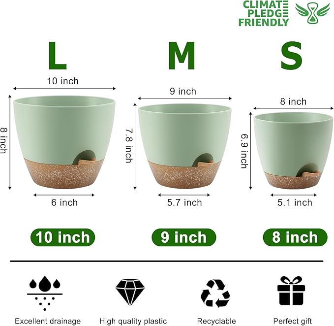 Plant Pots 10/9/8 Inch Self Watering Pots, Set of 3 Plastic Planters with Drainage Holes and Saucers,Plastic Flower Pots,Nursery Planting Pot for Indoor Out Door Plants（Green）