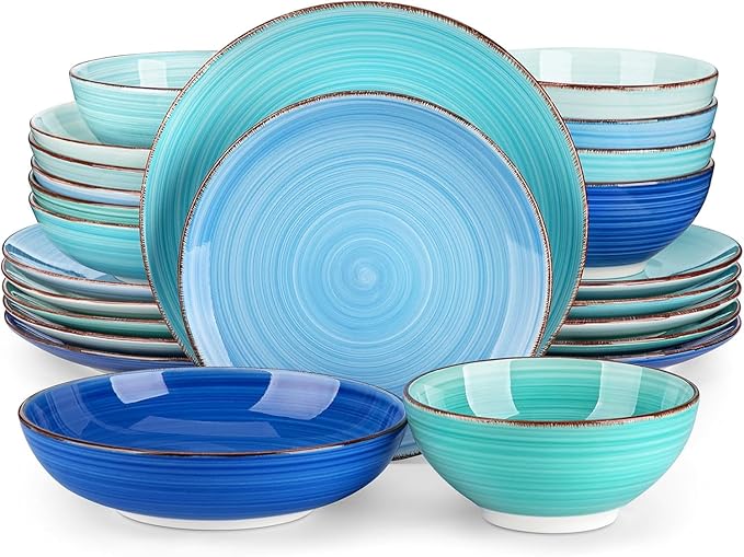 vancasso Bonita Dinnerware Set 24 Pieces Blue Stoneware Service for 6, Handpainted Spirals Pattern Stoneware Combination Set