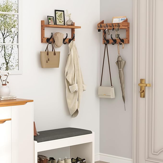 29" Coat Rack Wall Mount with Shelf, 4 in 1 Wall Mounted Coat and Key Hanger with 11 Hooks, Entryway Key Holder with Mail Holder for Living Room, Bedroom