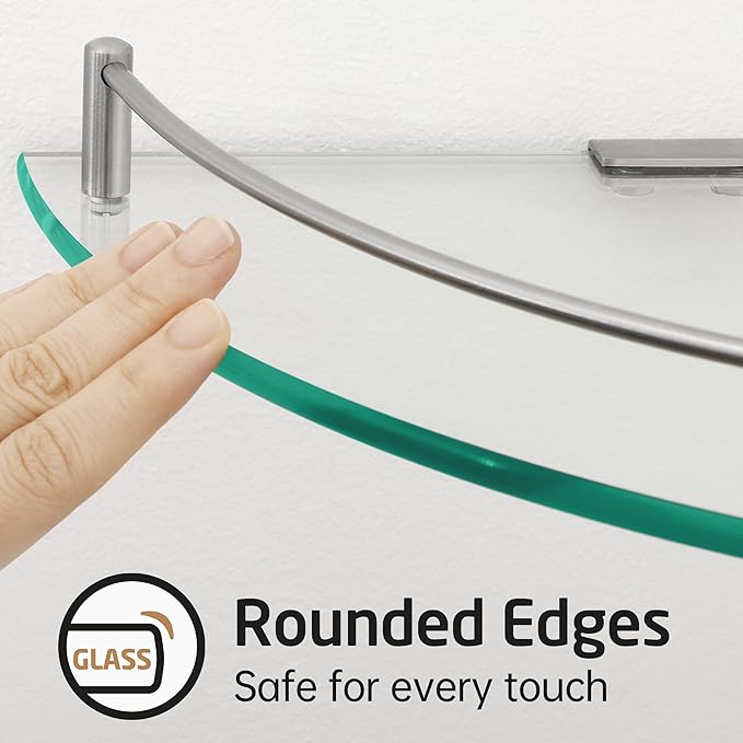 KES Glass Corner Shelf for Bathroom Corner Shelf 2 Pack Tempered Glass Shelf with Rail SUS 304 Stainless Steel Wall Mounted Brushed Finish, BGS2101A-2-P2