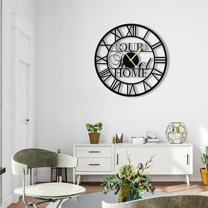 LBC.JzJu24inches/60cm Large Wall Clocks Battery Powered No Ticking Silent Round Black Modern Unique Metal Wall Clocks Suitable Living Room Kitchen Bedroom Fireplace Office Farmhouse。