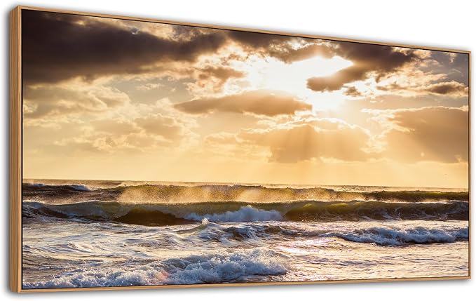 Framed Sunset Ocean Wall Art - Canvas Wall Decor Glow Sea Scene Nature Landscape Prints Sunset Over the Ocean Painting Artwork Living Room Bedroom Office Home 24" x 48"