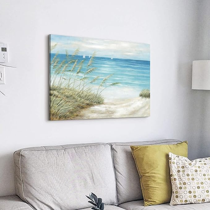 Beach Coastal Canvas Wall Art: Sea Reed Hand Painting Vintage Abstract Blue Ocean Boat Nautical Pictures Modern Seascape Grass Path Artwork Decor for Bathroom Bedroom