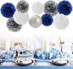 Navy-Blue Silver Party-Decorations Paper-Flowers Lanterns - 15PCS Birthday Royal White Wedding Tissue Pom Poms Streamers,Baby Bridal Shower Bachelorette Graduation Hanging Supplies Decor Hugfond