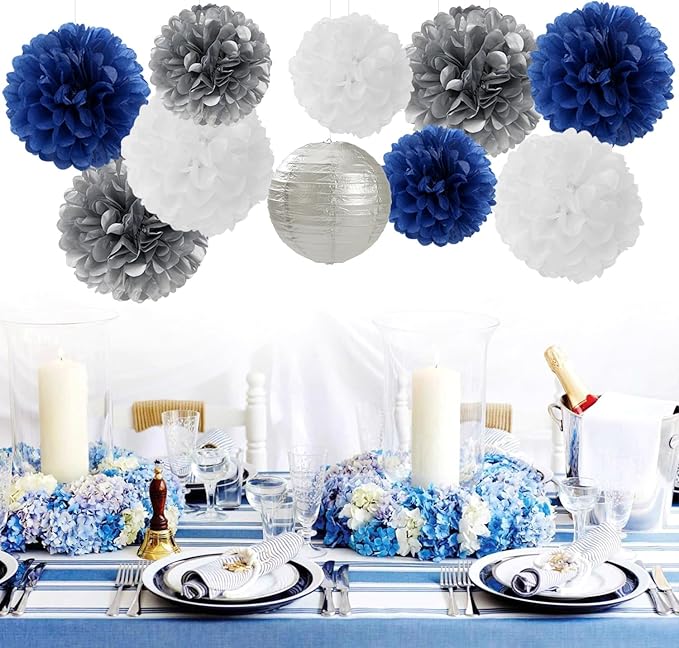 Navy-Blue Silver Party-Decorations Paper-Flowers Lanterns - 15PCS Birthday Royal White Wedding Tissue Pom Poms Streamers,Baby Bridal Shower Bachelorette Graduation Hanging Supplies Decor Hugfond