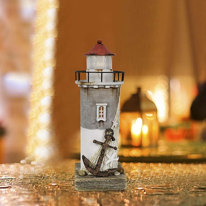 Linfevisi Wood Lighthouse Decor Rustic LED Light House Decor Wooden Decorative Nautical Lighthouse Statue Coastal Beach Themed Lighthouse Handcrafted Tabletop Decoration Home Bathroom (11.4")