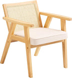 VEVOR Mid Century Modern Rattan Chair, Upholstered Velvet Accent Chair with Rattan Back, Retro Living Room Chair for Living Room, Bedroom, Reading Room, and Office, Beige