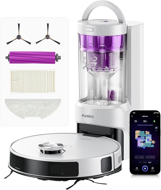Eureka E20 Plus Robot Vacuum with Bagless Self Emptying Station, Robotic Vacuum and Mop Combo, 45-Day Capacity, Upgraded 8000Pa Suction and Anti Hair-Tangling Brush, LiDAR Navigation, App Control