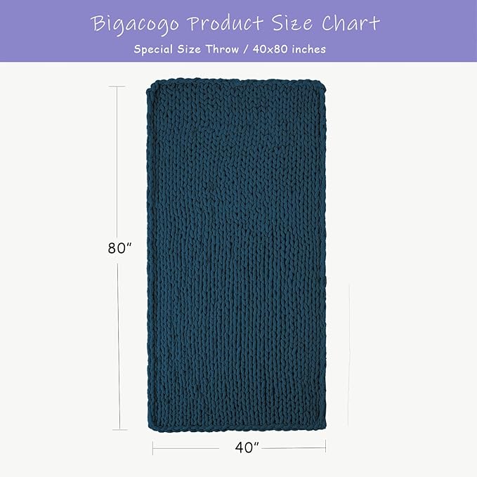 Bigacogo Chunky Knit Throw Blanket for Couch, 40x80 inches, 100% Hand Knitted with Thick Jumbo Chenille Yarn, Cozy Soft Large Rope Knot Cable Crochet Blankets for Sofa Bed Living Room, Deep Sea Blue