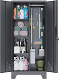 Metal Storage Cabinet with Locking Doors, 61" Tall Garage with Hanging Rod, Broom Closet, Freestanding Bathroom Storage Cabinet, Cleaning Tool,Black