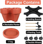 Vertical Planter 4 Tier Stackable Planters Garden Planters Strawberry Herb Flower and Vegetable Planter Indoor Outdoor Gardening Pots with Removable Wheels and Tools