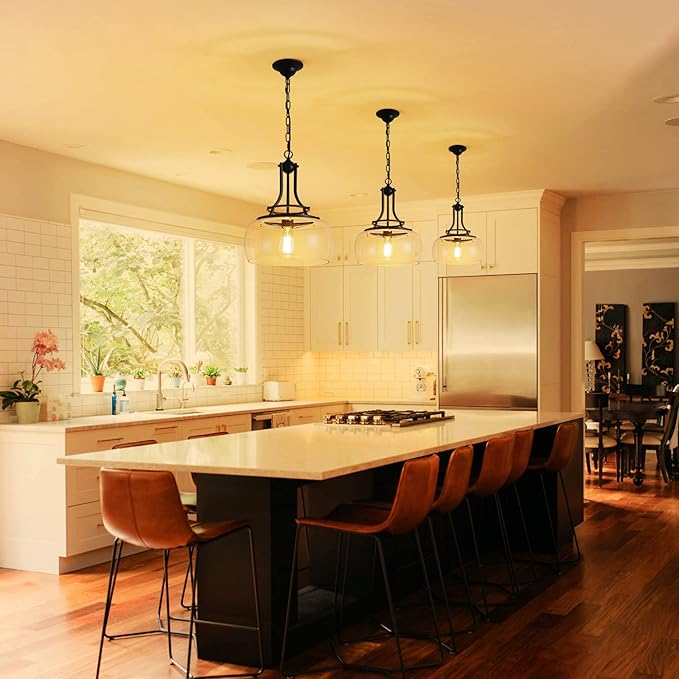 WUZUPS Chandelier Rustic Farmhouse Industrial Round Ceiling Pendant LED Light Fixture with Clear Glass Shades for Dining Room Kitchen Island Foyer Entryway, H 17" x W 13.4", E26 Base, Black