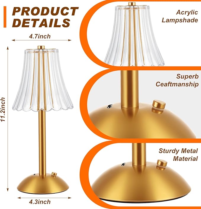 Liliful 4 Pcs LED Portable Cordless Table Lamp Touch Battery Operated Rechargeable Desk Lamp 3 Color Dimmable for Bedroom Living Room Dining (Rose Style,Gold)
