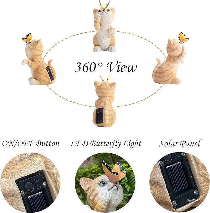 Garden Decor Solar Cat Figurines Cat Lover Gifts with LED Butterfly Lights for Indoor Outdoor Decor for Yard Garden Patio Decor Gifts for Women Grandma Mother's Day Birthday