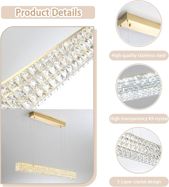 Rectangle Crystal Chandelier Modern Gold Crystal Chandelier Rectangular Pendant Lighting Fixture for Dining Room Kitchen Island Bedroom (L 40")