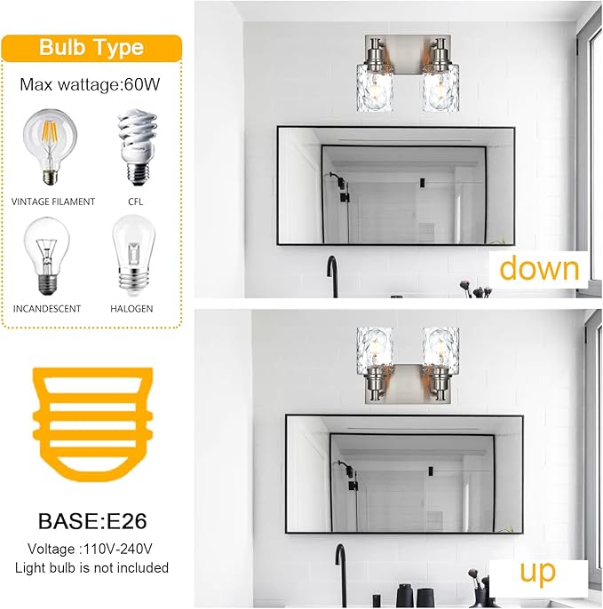 BONLICHT Modern Bathroom Light Fixtures in Brushed Nickel Finish, 2 Light Industrial Indoor Wall Sconce Farmhouse Vanity Lighting Over Mirror with Hammered Glass Contemporary Hallway Wall Mount Lamp