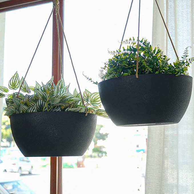 13 Inch 2 Pack Large Hanging Planters for Indoor Outdoor Plants, Plastic Hanging Basket Pots for House Plants Flowers, Black