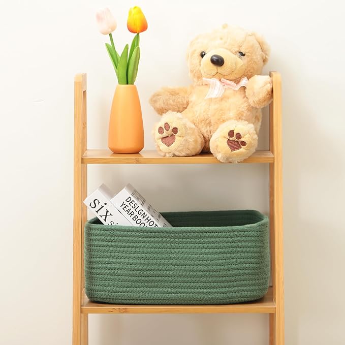 Small Storage Baskets for Organizing | Closet Organizer Bins | Shelf Toy Basket | Woven Rope Baskets | Cube Decorative Box | Shallow Basket | 11.5x7.5x4.7” | 4 Packs Green
