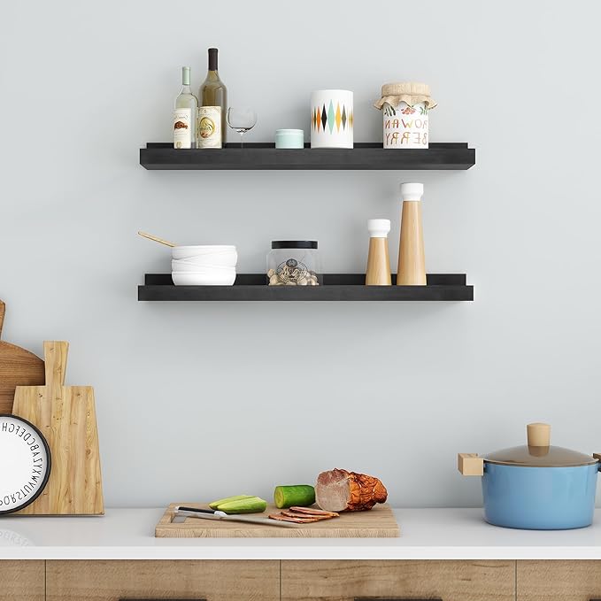 Picture Ledge Shelf for Wall, 24 inch Solid Pine Wood Nursery Book Shelves 2 Packs, Floating Ledge Shelves for Kids' Room Bedroom Bathroom Living Room Photo Frames Office Nursey Wall Decor, Black