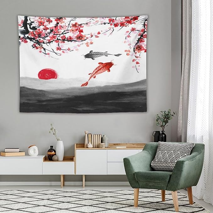 Houselerax Japanese Koi Fish Tapestries, Cherry Blossoms Asian Oriental Flower Branch Koi Fish Carp Tapestry Wall Hanging for Bedroom Living Room Office Decor 80"x60"